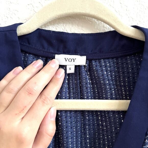 Voy Blue Tweed V-Neck Dress with Contrast Ribbon and Flutter Sleeve Sz S - Picture 9 of 11